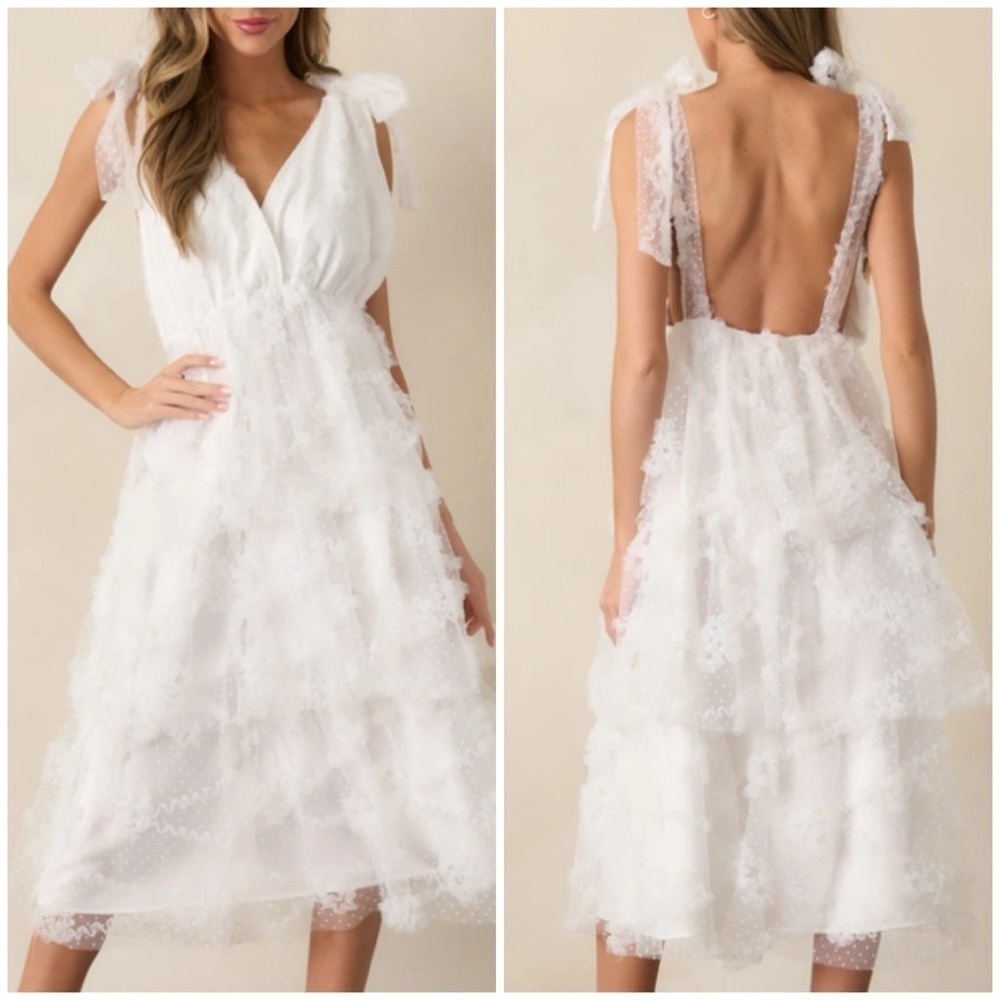JUST ME Dress Size L White Ruffle Tiered V Neck Swiss Dot Midi Boho Open Back